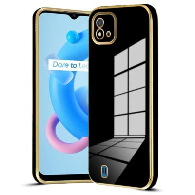 NPRC 6D Chrome Back Cover for Realme C11 2021 | Gold Plated Frame & Glossy Black Silicone